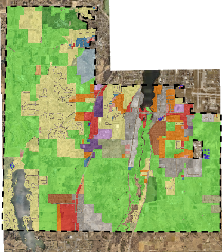 Colorful, detailed satellite map with diverse land use imagery.