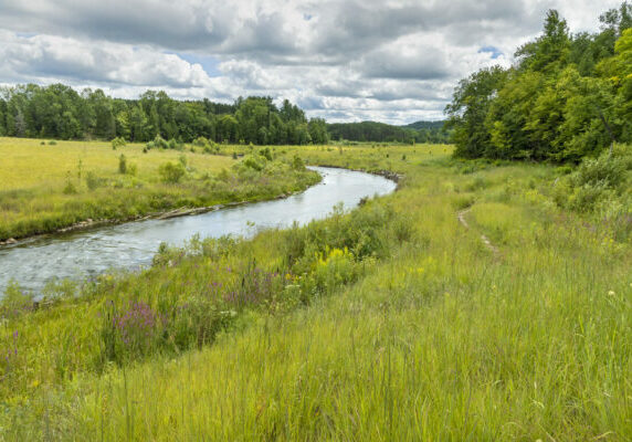 08 09 boardman river nature center 17 edit copy Lush green meadow with winding river under cloudy sky.