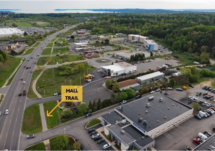 mall trail arrow marked Aerial view of shopping area with labeled mall trail.