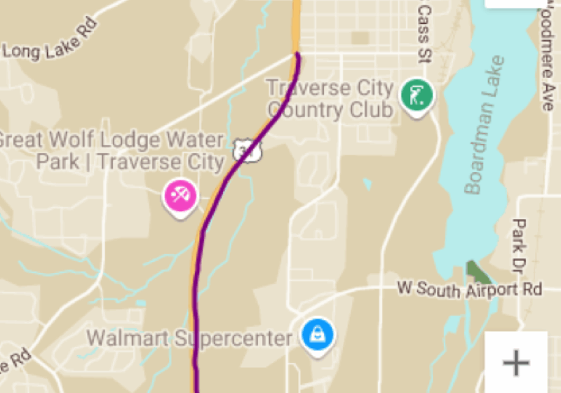 mall trail Map of Traverse City landmarks and roads.