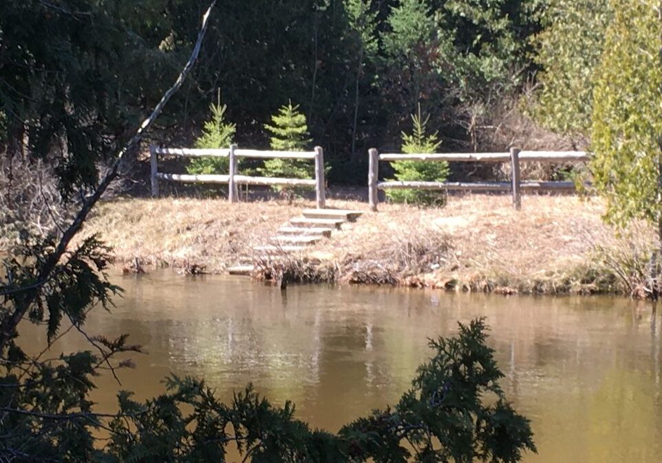 Wooden fence near a peaceful forest riverbank.